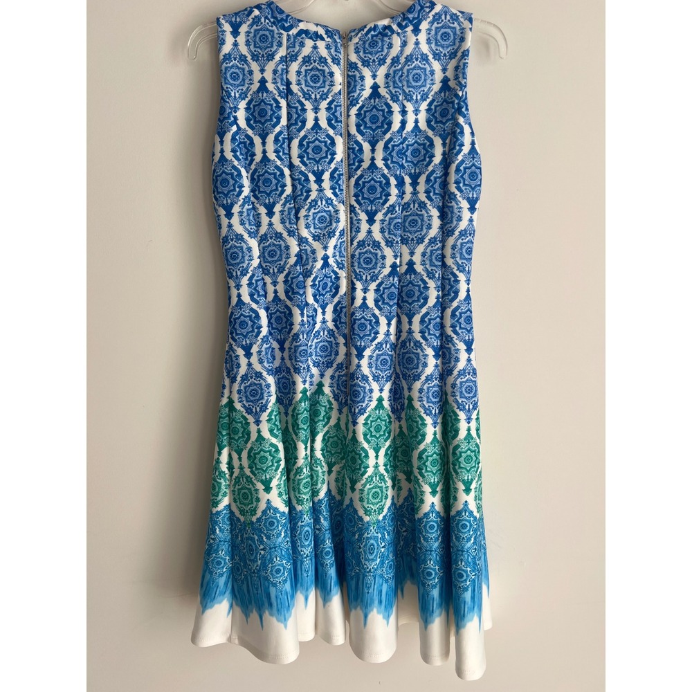 Danny and Nicole Fun Blue Green Geometric Print Fit Flare Keyhole Dress Womens 8 - Picture 3 of 7